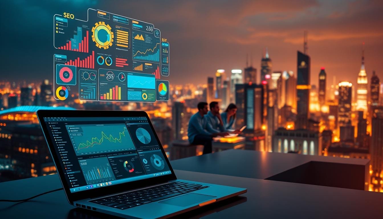 A digital landscape showcasing advanced SEO techniques. In the foreground, a sleek laptop displays intricate analytics dashboards and optimization tools. Hovering above it, an array of colorful data visualizations and infographics illuminate key SEO metrics. In the middle ground, a team of digital marketers collaborates, their faces lit by the glow of multiple screens. In the background, a cityscape of modern high-rises and digital infrastructure symbolizes the global reach of successful online strategies. Warm, directional lighting casts dramatic shadows, creating a sense of depth and technological sophistication. The overall mood is one of efficient, cutting-edge digital expertise.