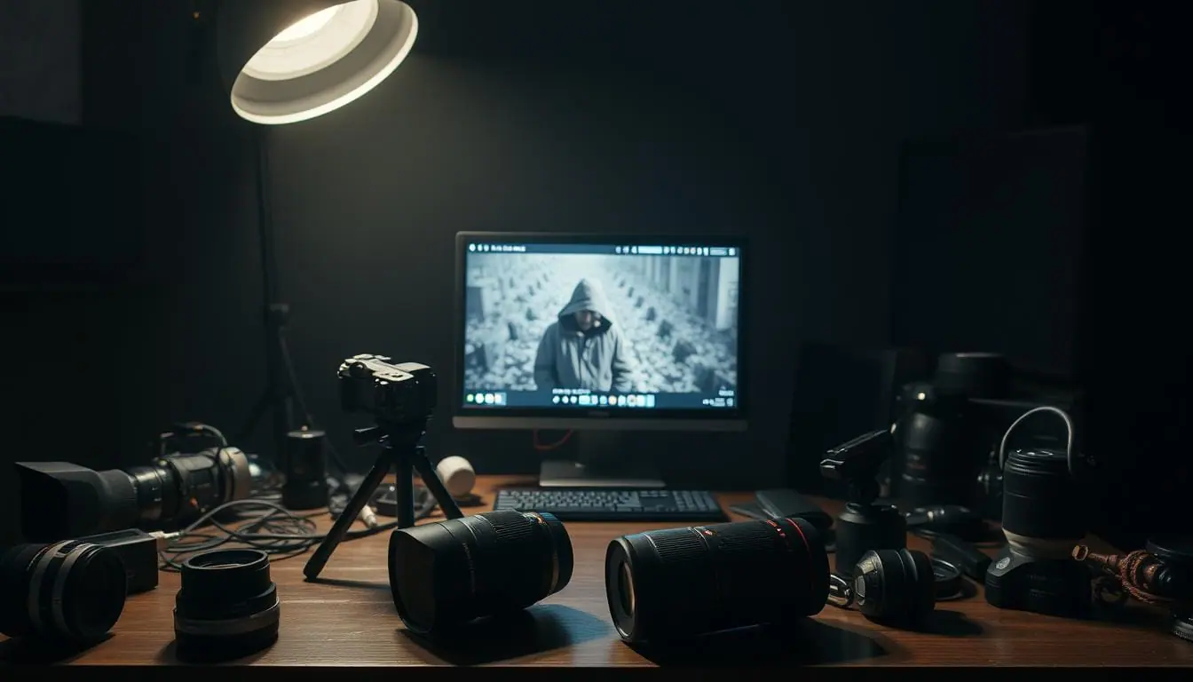 A dimly lit studio with a variety of photographic equipment scattered across the work surface. In the foreground, a camera on a tripod and a selection of lenses, some with visible flaws or imperfections. The middle ground features a computer monitor displaying a partially completed digital image, with visible artifacts or distortions. The background is shrouded in shadows, suggesting a contemplative and introspective atmosphere. The overall scene conveys a sense of the common challenges and learning experiences encountered when creating realistic images with AI-powered tools.