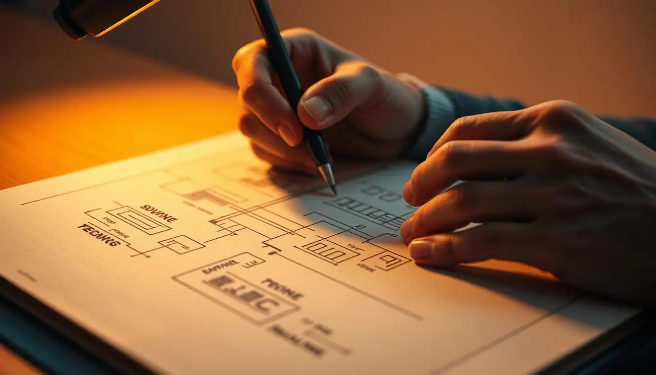 A photorealistic close-up view of a skilled artist's hands meticulously sketching a detailed technical diagram on a textured sketchpad, illuminated by a warm, focused studio light. The diagram appears to illustrate advanced visual description techniques, with precisely rendered shapes, lines, and annotations. The background is a blurred, minimalist setting, allowing the hands and sketchpad to be the central focus. The overall scene conveys a sense of concentration, creativity, and technical mastery.