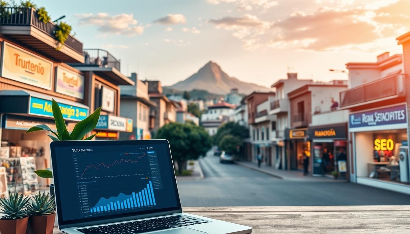 A serene cityscape of Bogotá, Colombia, with a focus on local businesses and their digital marketing strategies. In the foreground, a laptop screen displays analytics and SEO optimization tools, surrounded by a cozy workspace with plants and modern decor. The middle ground features vibrant storefronts, each showcasing unique local products and services. In the background, the iconic Cerro de Monserrate looms, bathed in warm afternoon light. The overall scene conveys a sense of urban progress, blending traditional Colombian culture with cutting-edge digital marketing techniques for localized success.